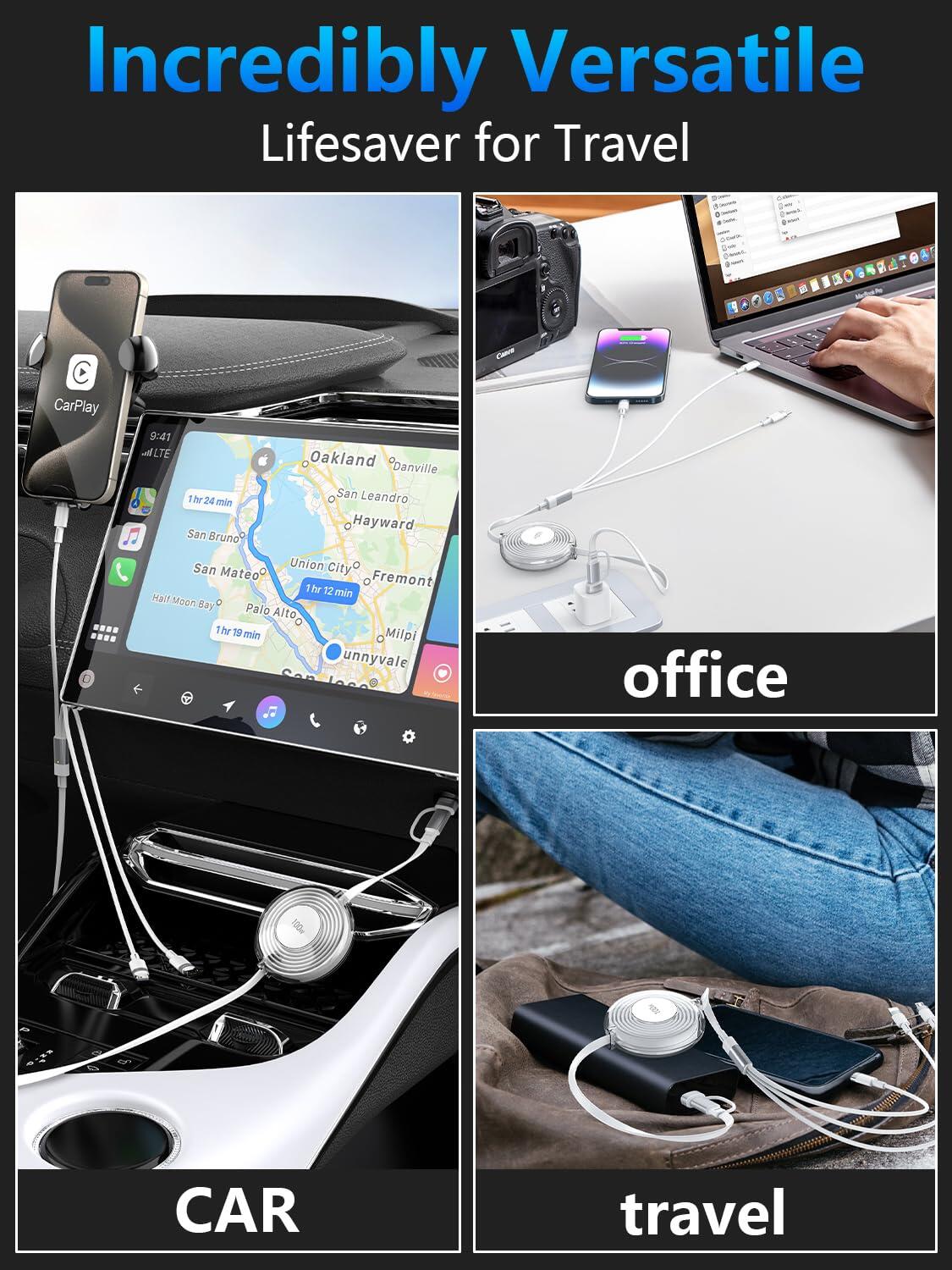 Multi Charging Cable 3 en 1 Retráctil – 100W Carga Rápida USB-C