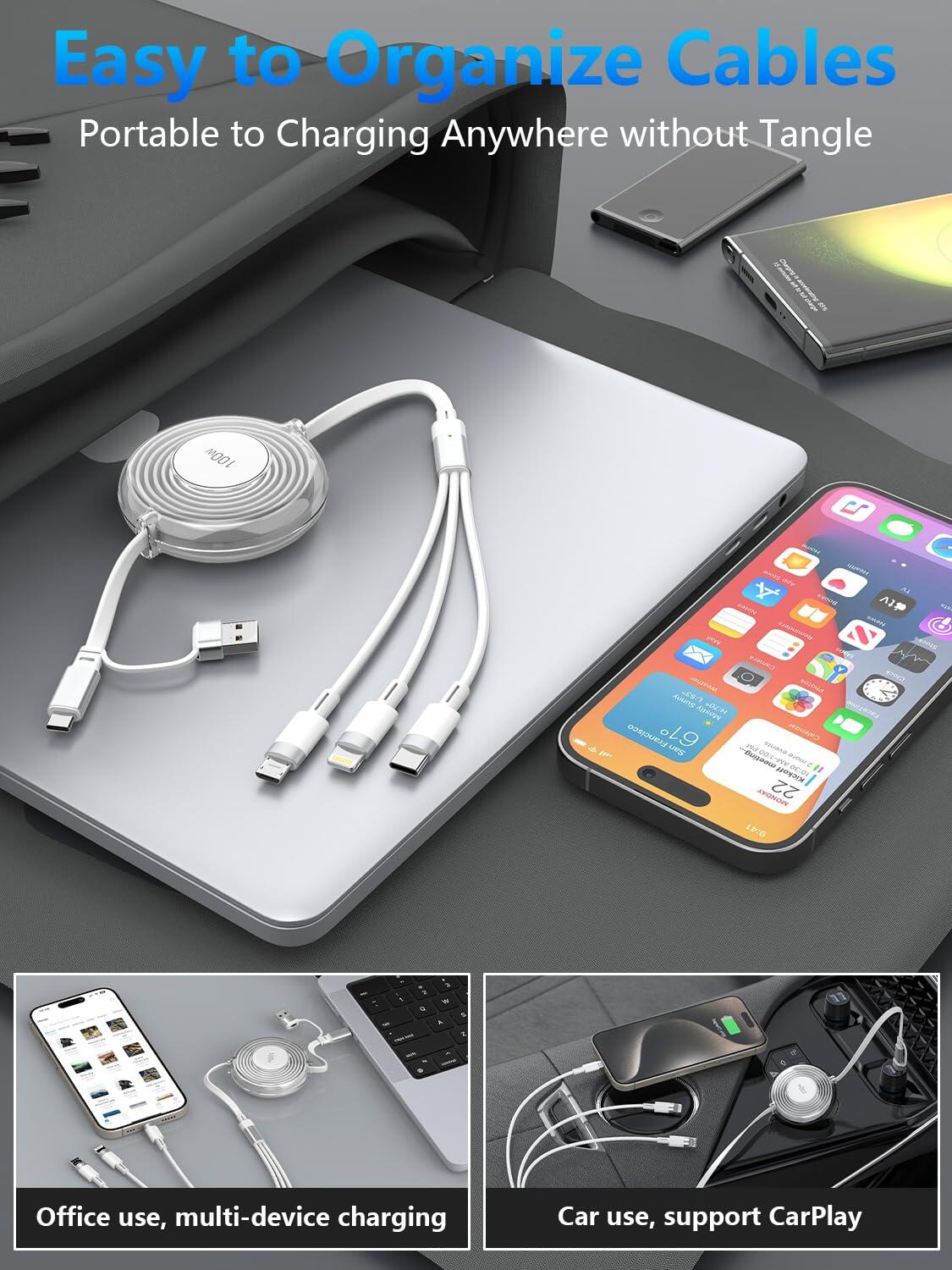 Multi Charging Cable 3 en 1 Retráctil – 100W Carga Rápida USB-C
